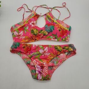 ♤♤ Hobie Halter Neck Bikini Size Large Pink Yellow Green